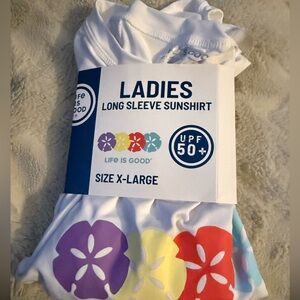 Life is Good Long Sleeve Sunshirt Womens xl UPF 50 White Sand Dollar Beach Print